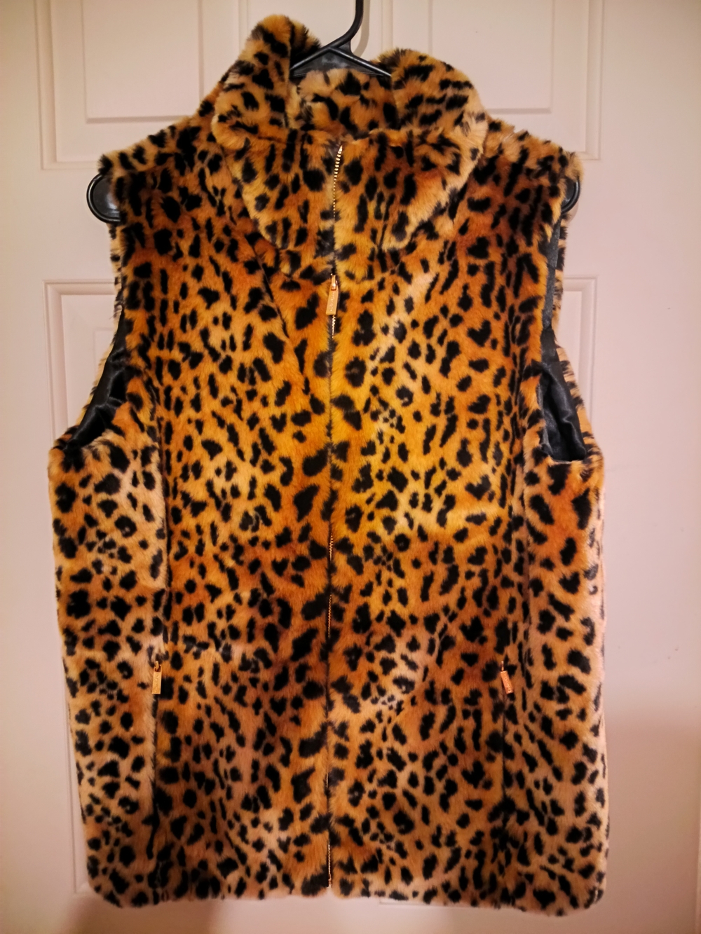 Calvin Klein Faux Leopard Print Fur Vest in Tan and Black
